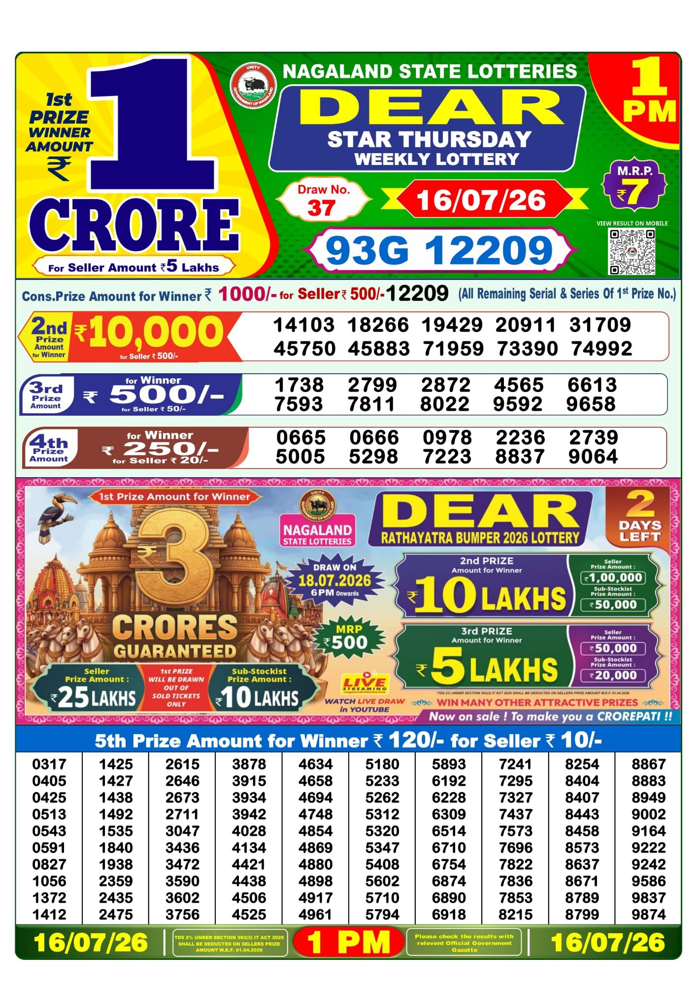 Nagaland State Dear Star Weekly Lottery result chart, 1 PM draw, 16 July 2026