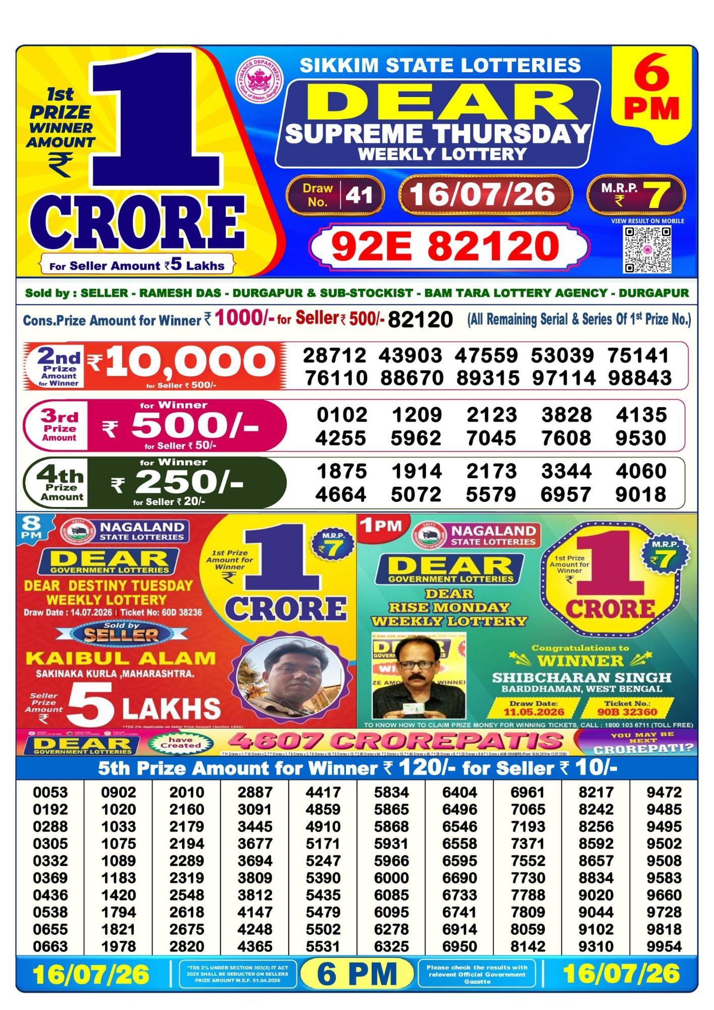 Sikkim State Dear Supreme Weekly Lottery result chart, 6 PM draw, 16 July 2026