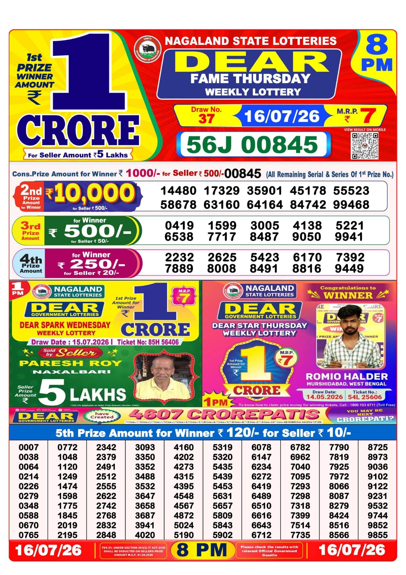 Nagaland State Dear Fame Weekly Lottery result chart, 8 PM draw, 16 July 2026