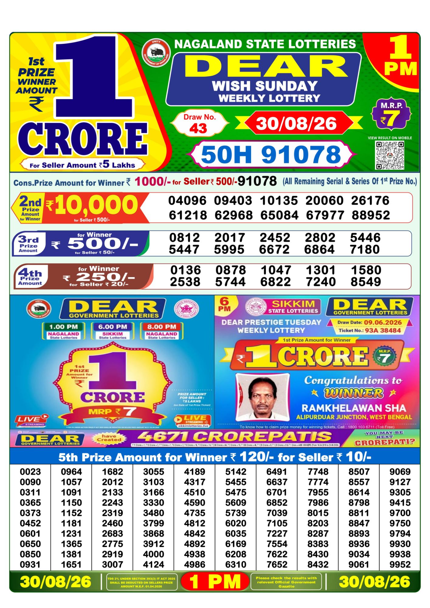 Nagaland State Dear Wish Weekly Lottery result chart, 1 PM draw, 30 August 2026