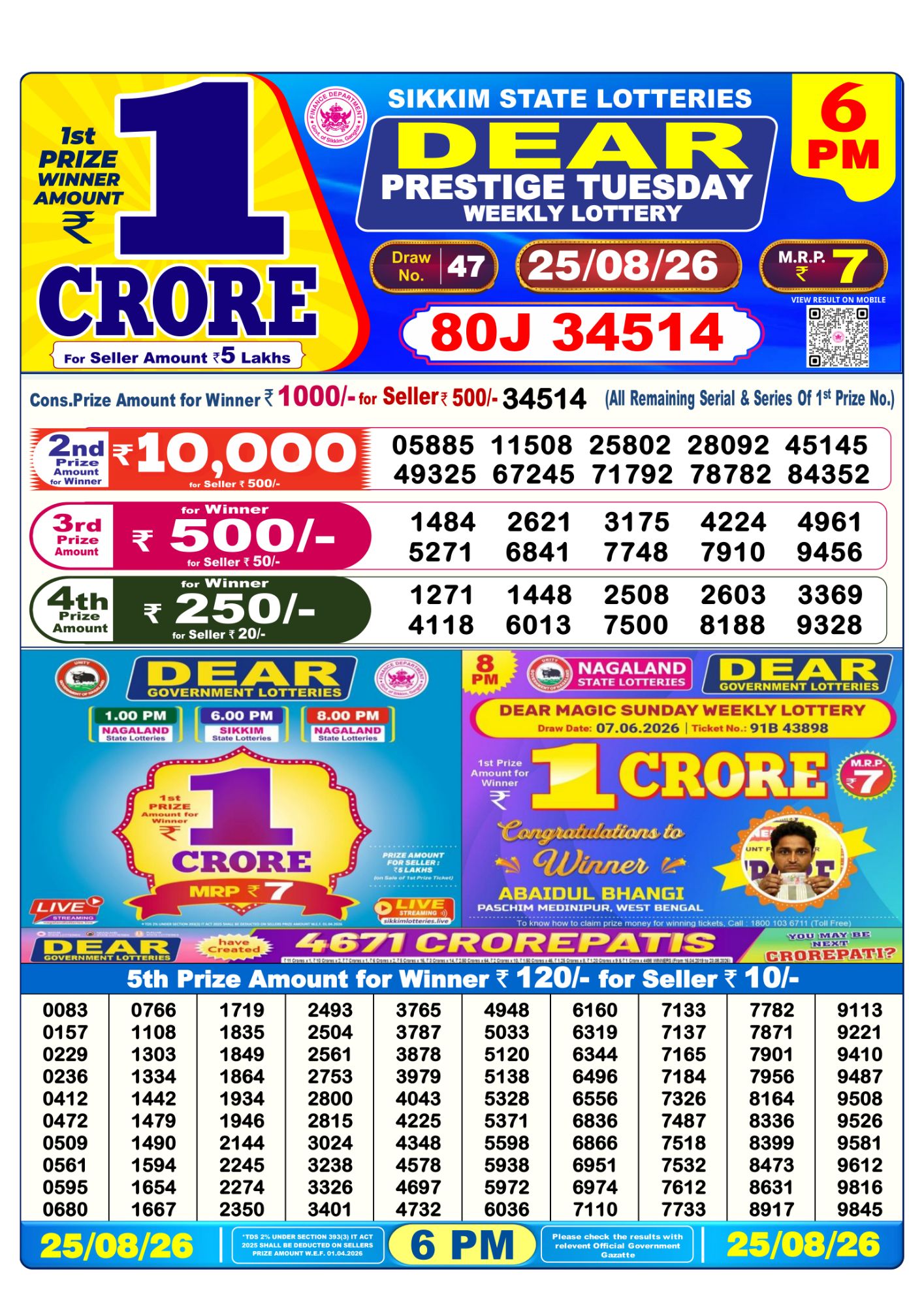 Sikkim State Dear Prestige Weekly Lottery result chart, 6 PM draw, 25 August 2026