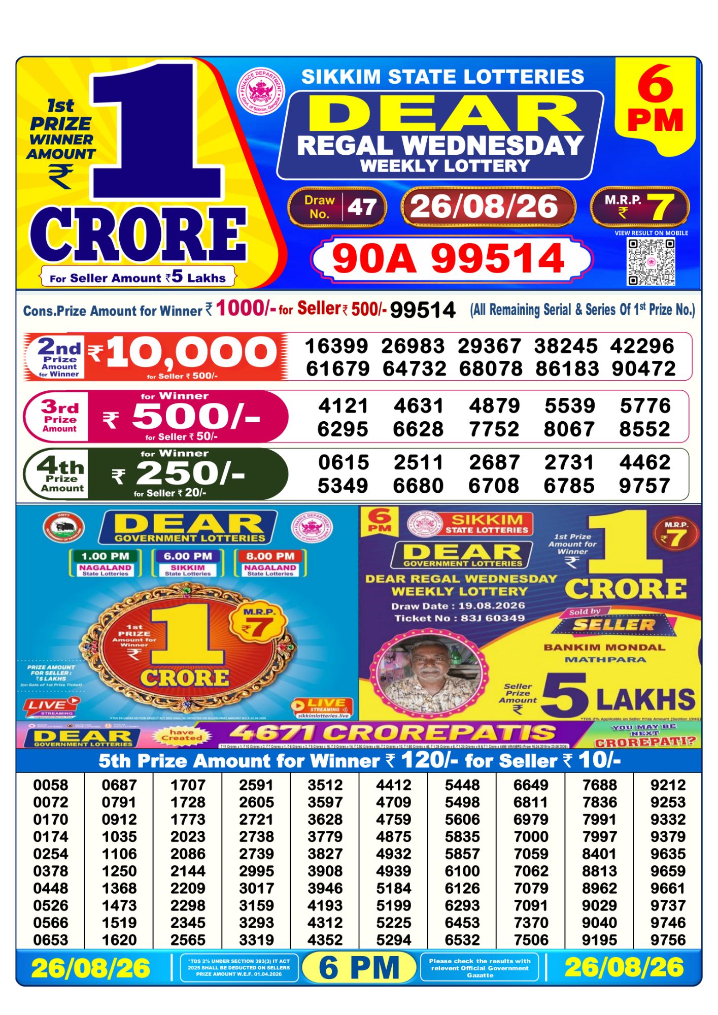Sikkim State Dear Regal Weekly Lottery result chart, 6 PM draw, 26 August 2026