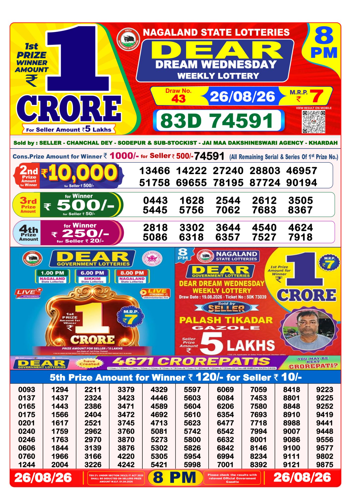 Nagaland State Dear Dream Weekly Lottery result chart, 8 PM draw, 26 August 2026