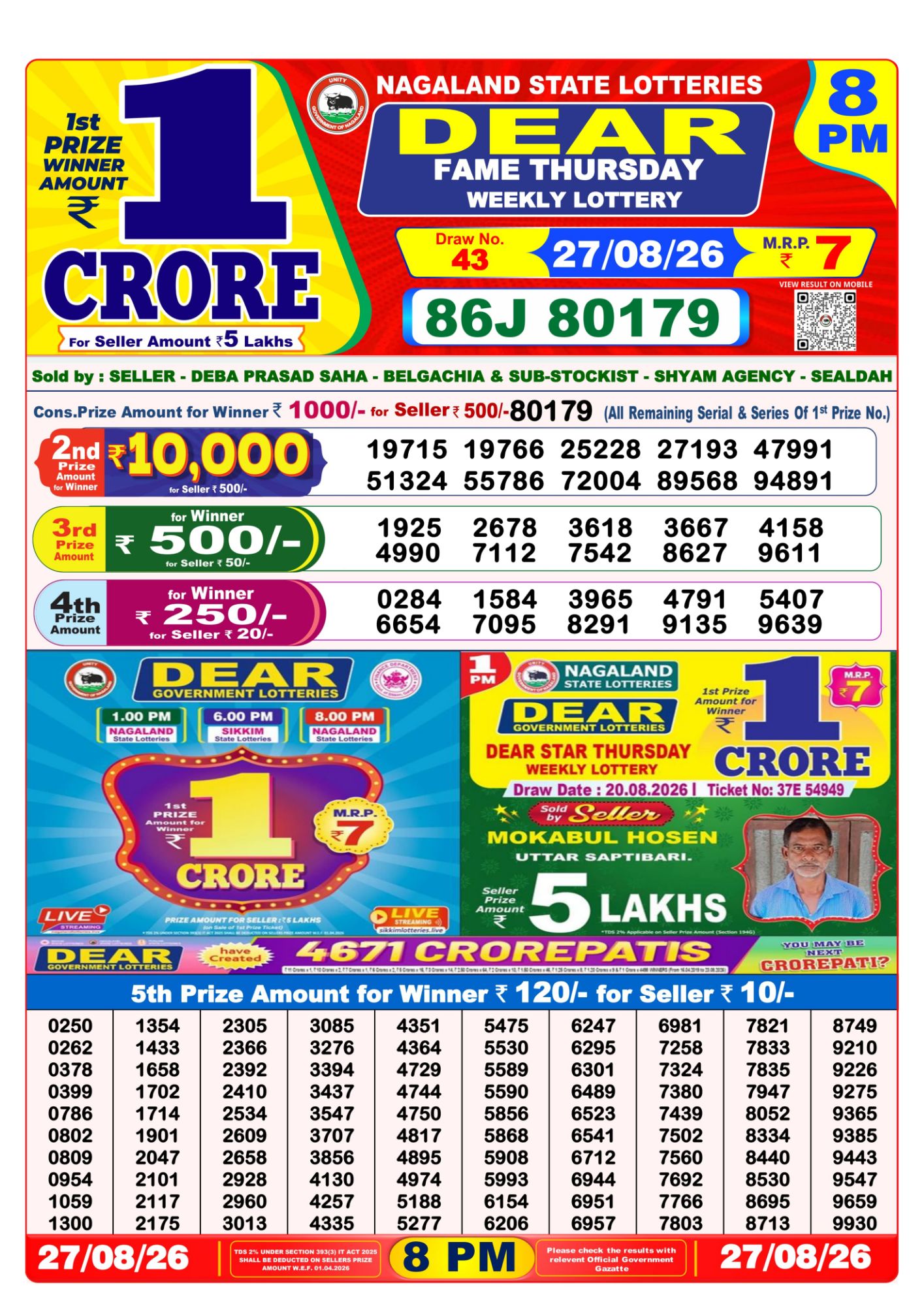 Nagaland State Dear Fame Weekly Lottery result chart, 8 PM draw, 27 August 2026