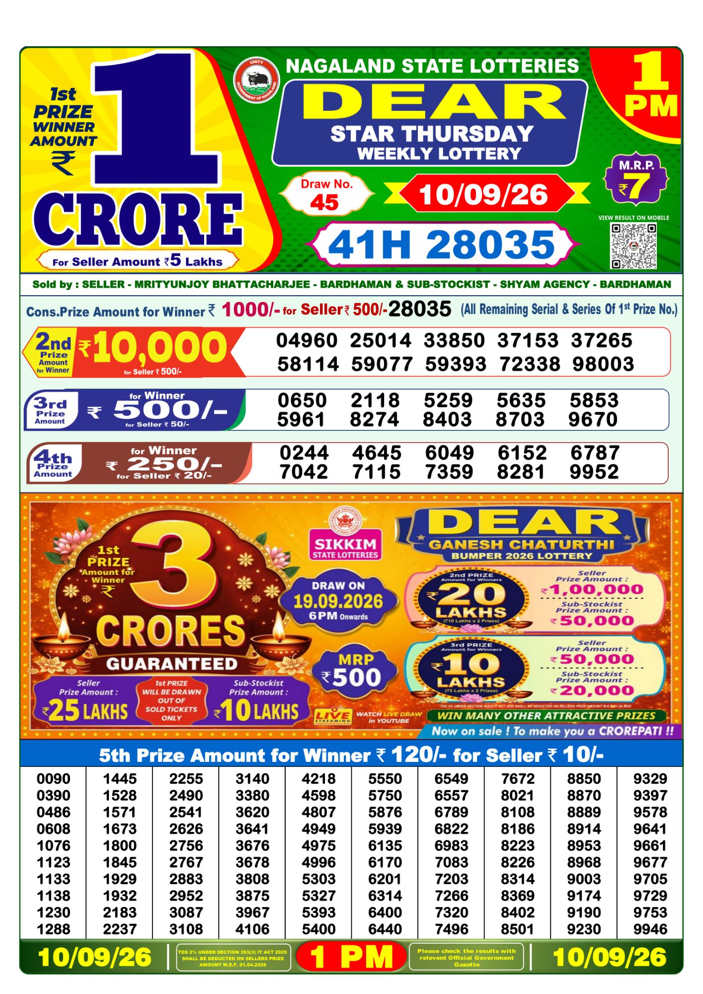 Nagaland State Dear Star Weekly Lottery result chart, 1 PM draw, 10 September 2026