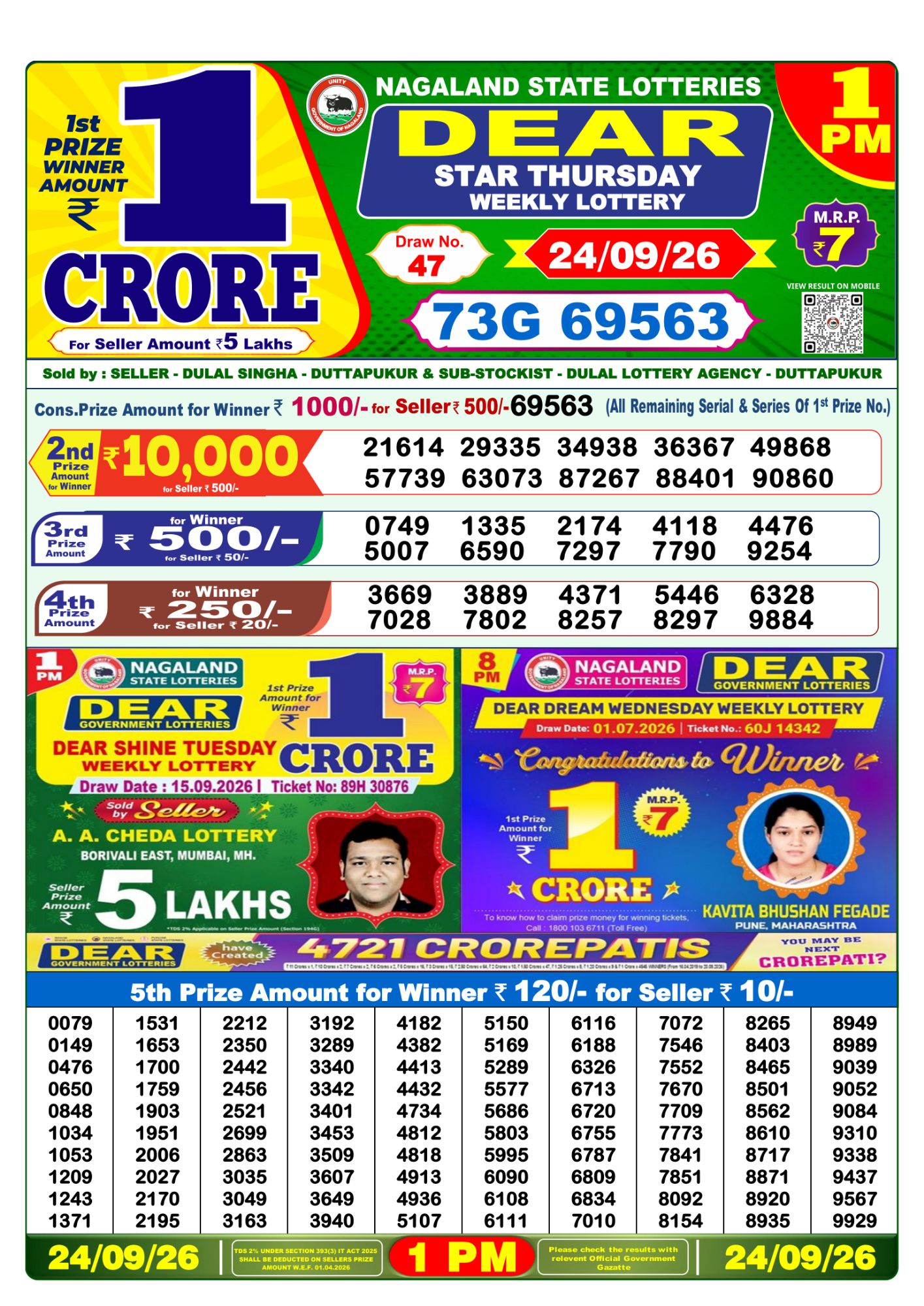 Nagaland State Dear Star Weekly Lottery result chart, 1 PM draw, 24 September 2026