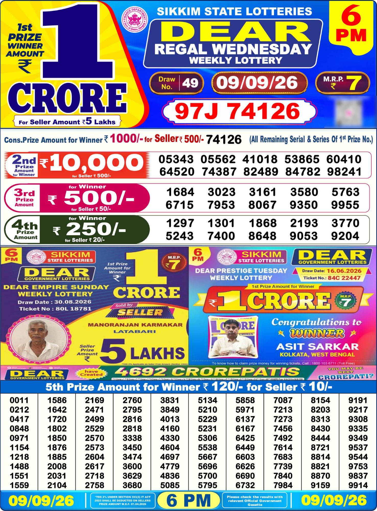Sikkim State Dear Regal Weekly Lottery result chart, 6 PM draw, 9 September 2026