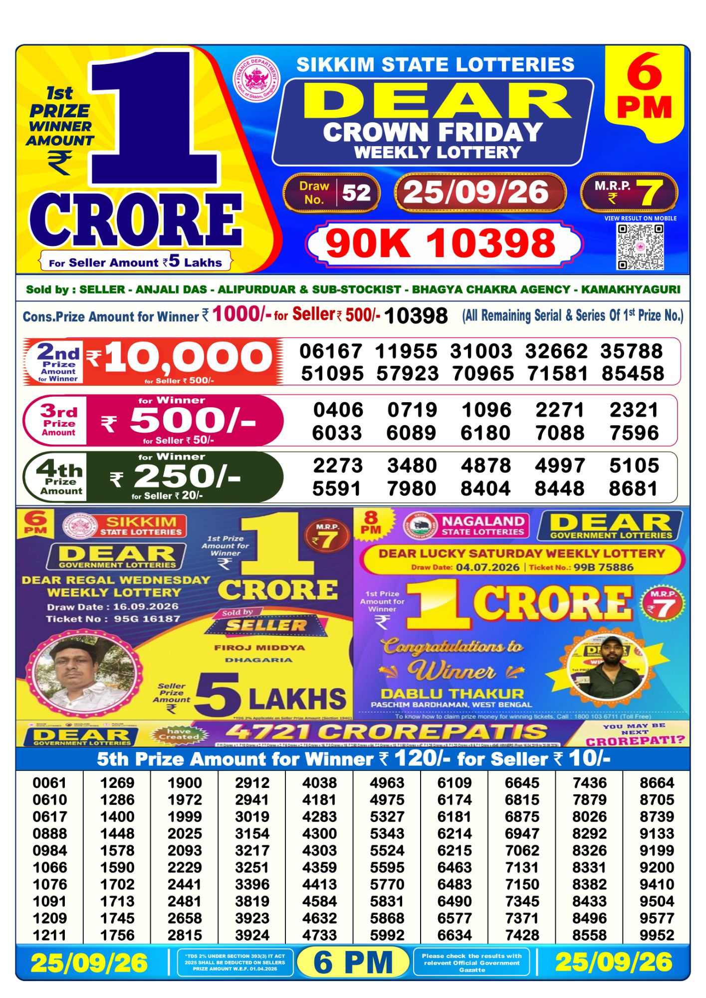 Sikkim State Dear Crown Weekly Lottery result chart, 6 PM draw, 25 September 2026