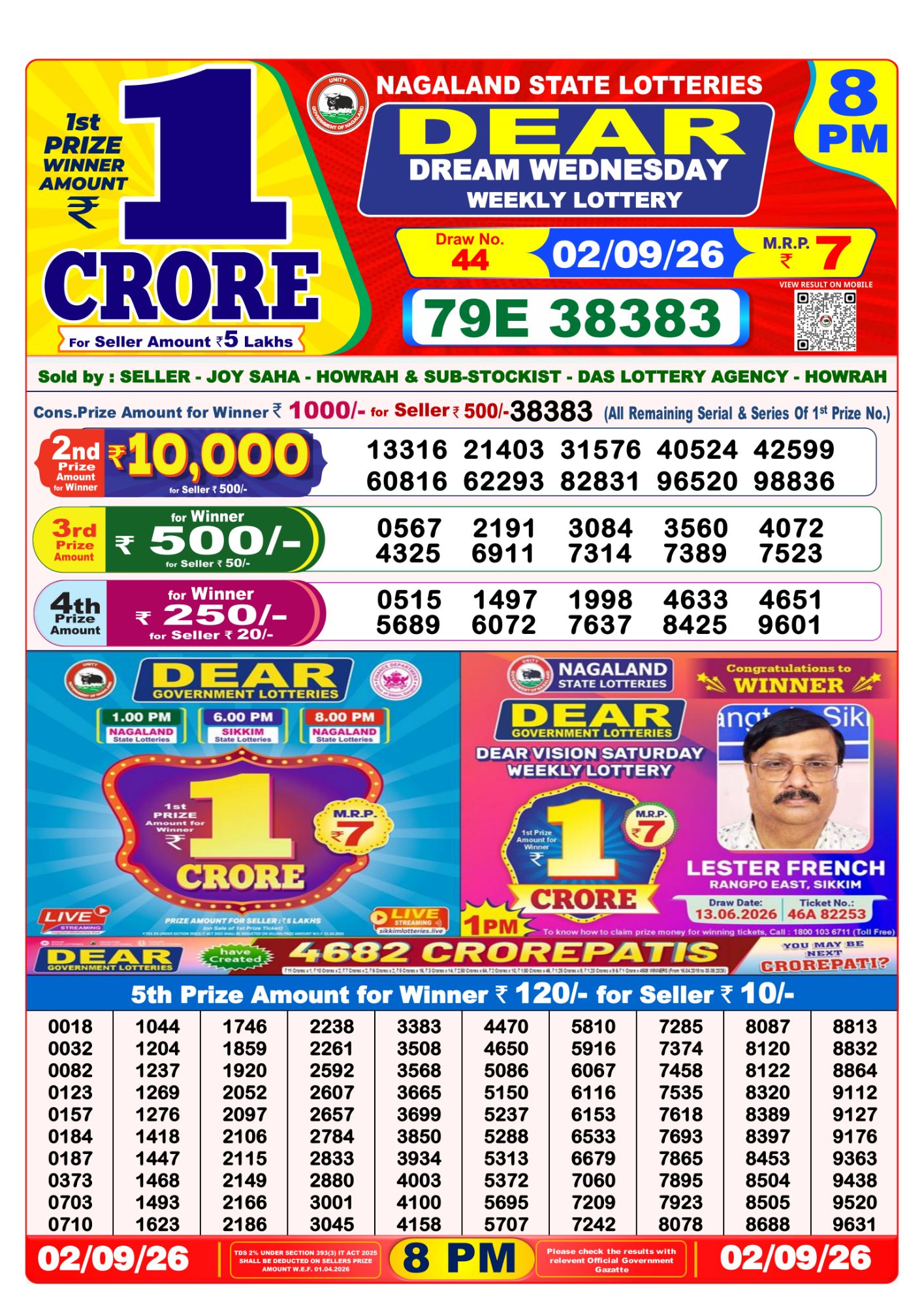 Nagaland State Dear Dream Weekly Lottery result chart, 8 PM draw, 2 September 2026