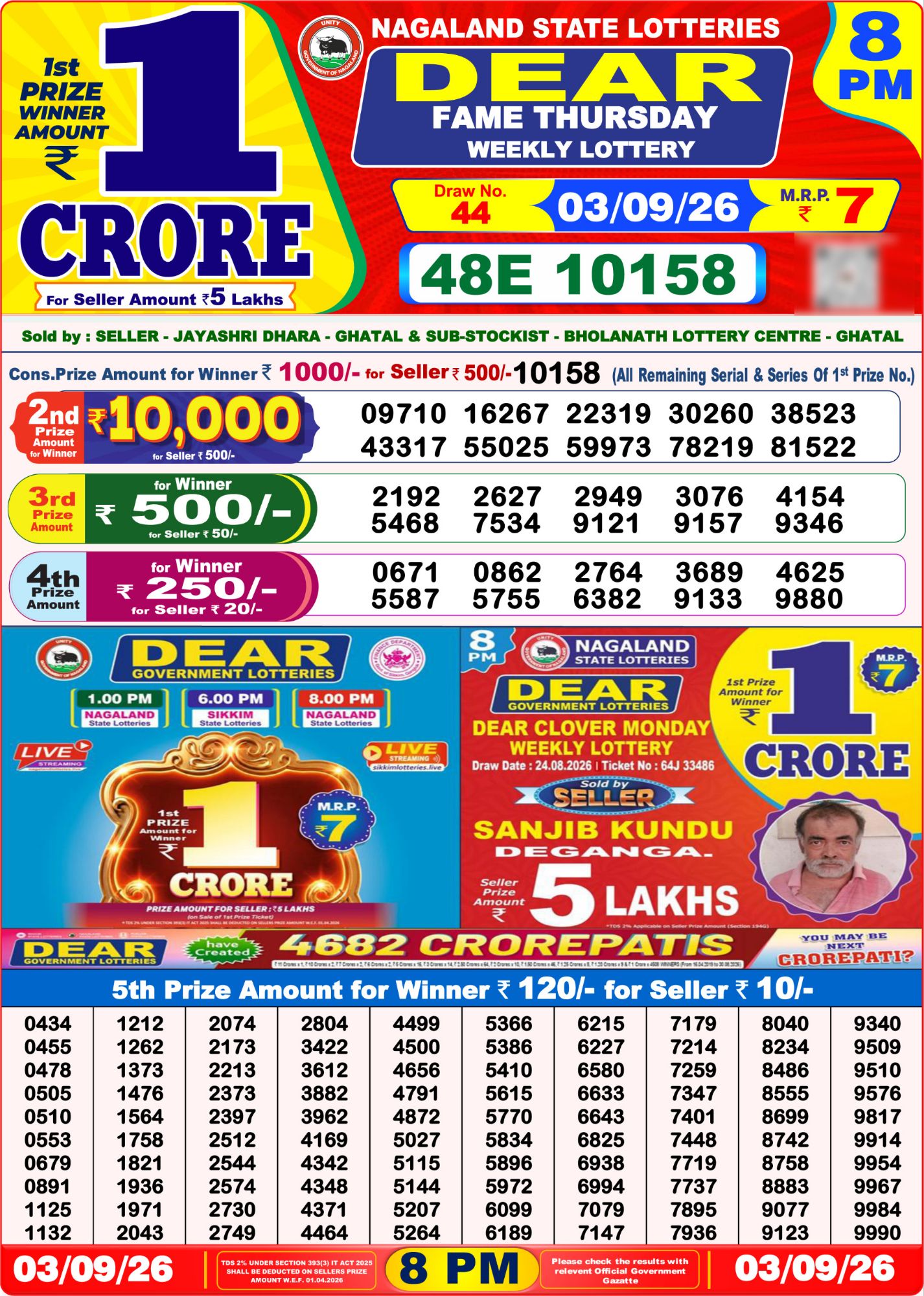 Nagaland State Dear Fame Weekly Lottery result chart, 8 PM draw, 3 September 2026