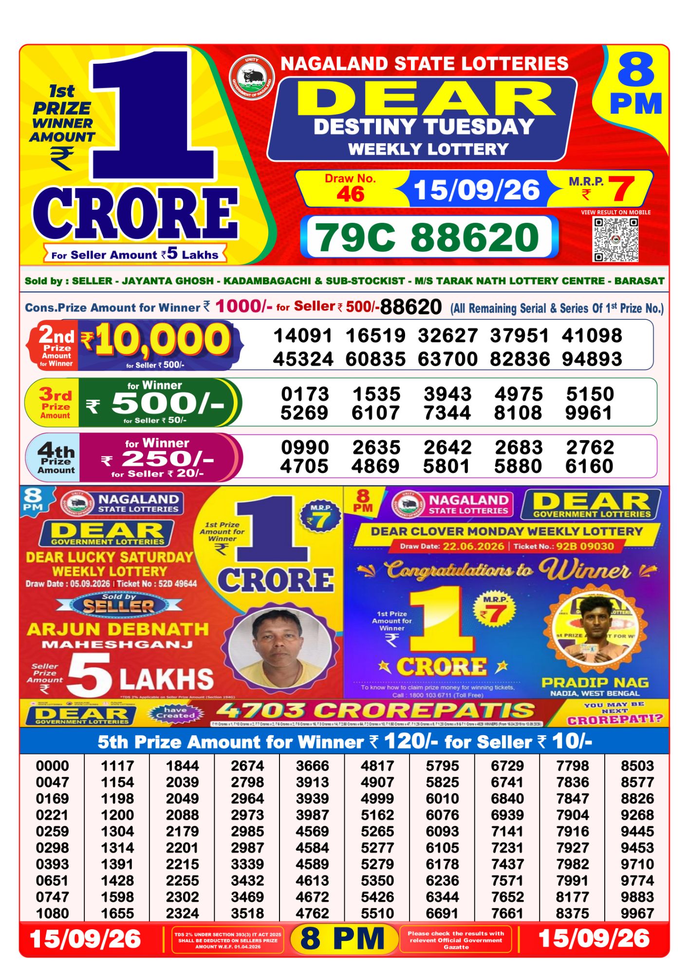 Nagaland State Dear Destiny Weekly Lottery result chart, 8 PM draw, 15 September 2026