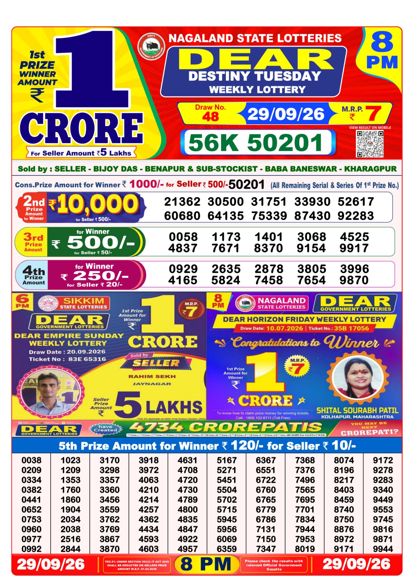 Nagaland State Dear Destiny Weekly Lottery result chart, 8 PM draw, 29 September 2026