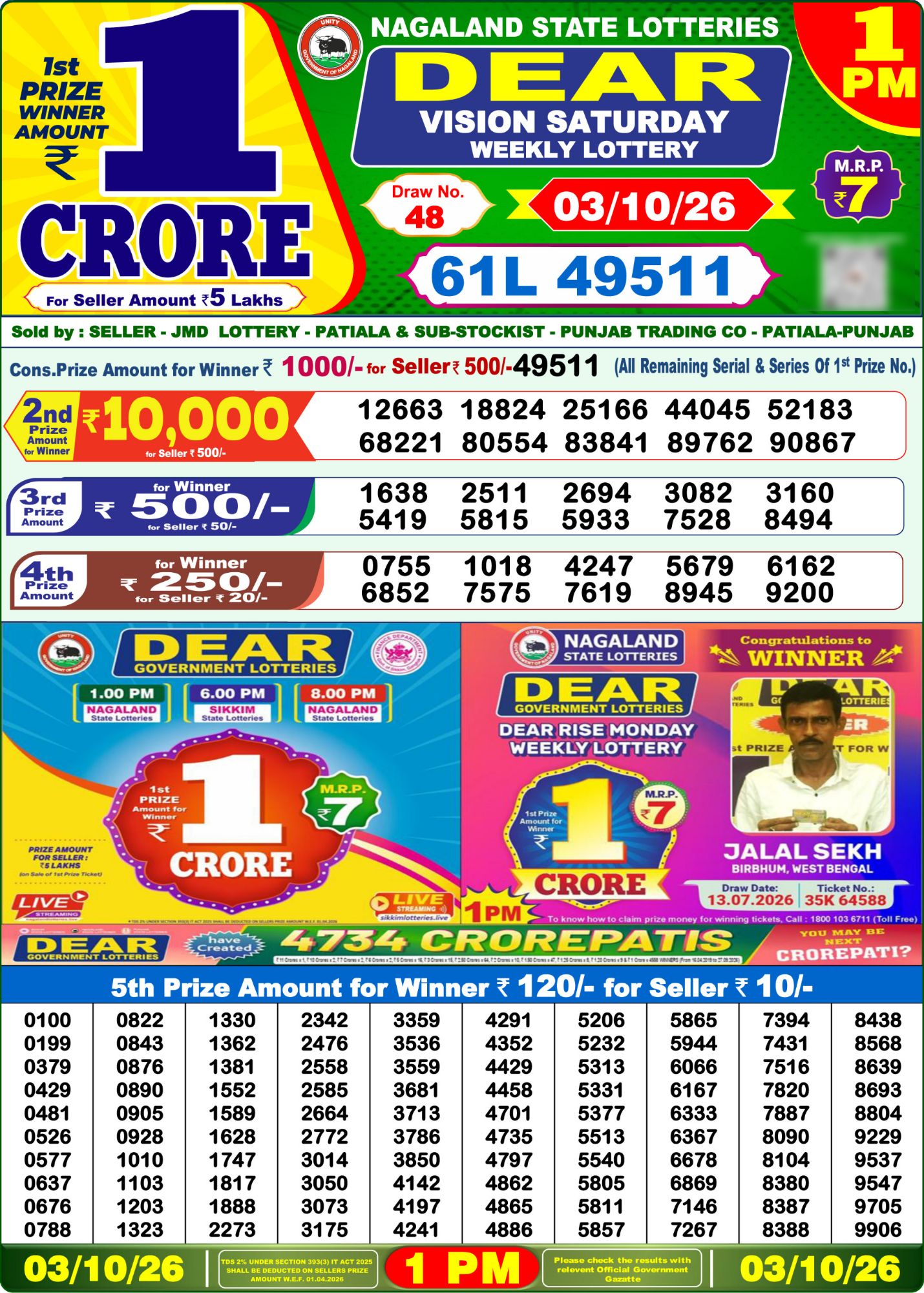 Nagaland State Dear Vision Weekly Lottery result chart, 1 PM draw, 3 October 2026
