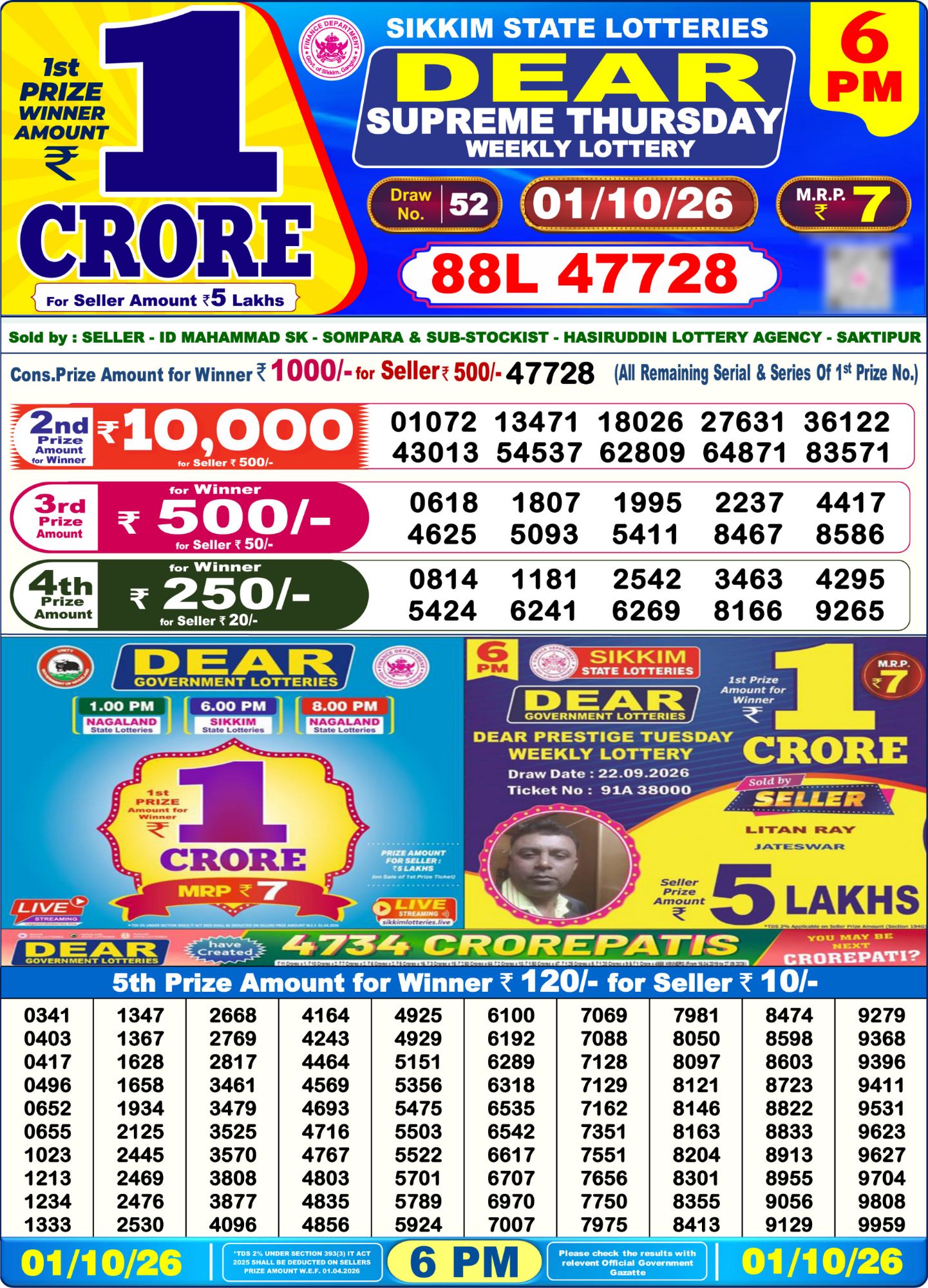 Sikkim State Dear Supreme Weekly Lottery result chart, 6 PM draw, 1 October 2026