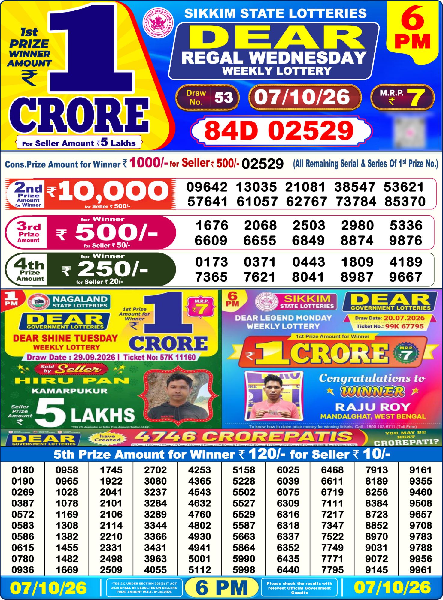 Sikkim State Dear Regal Weekly Lottery result chart, 6 PM draw, 7 October 2026