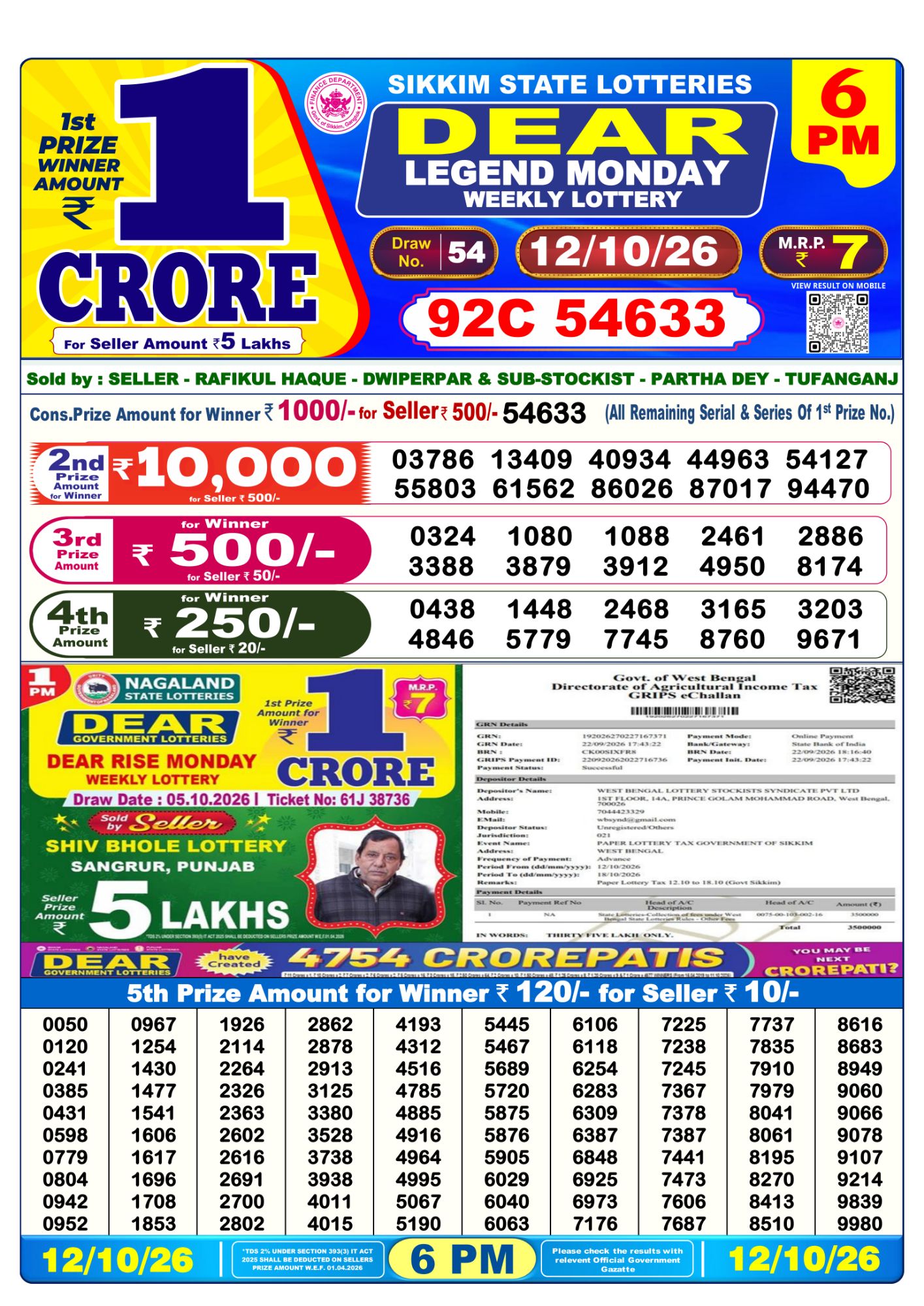Sikkim State Dear Legend Weekly Lottery result chart, 6 PM draw, 12 October 2026