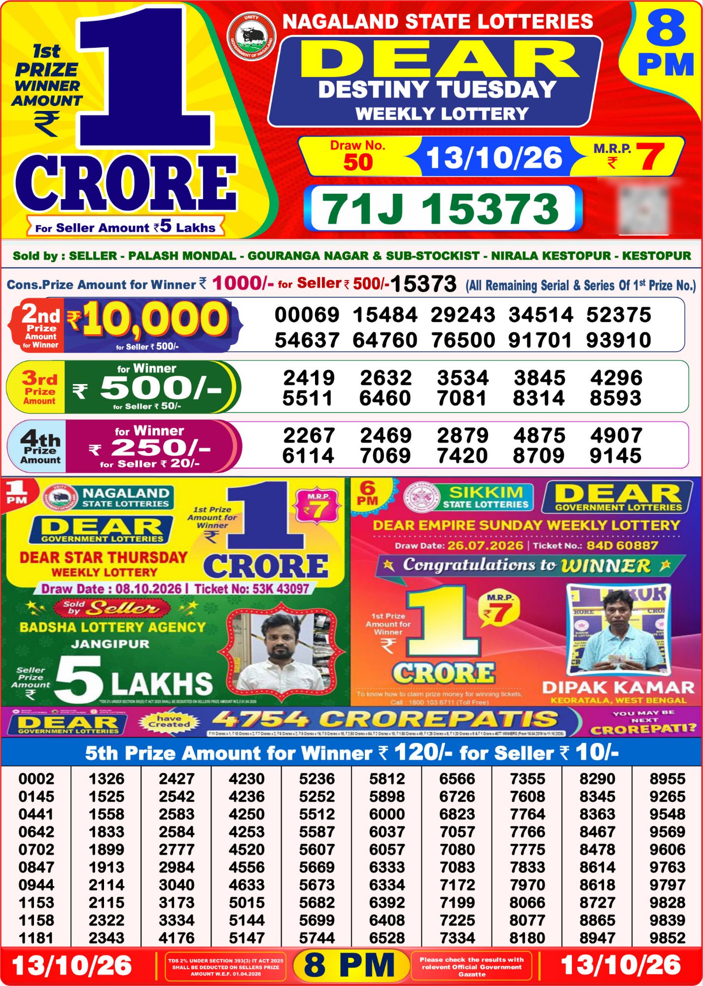 Nagaland State Dear Destiny Weekly Lottery result chart, 8 PM draw, 13 October 2026